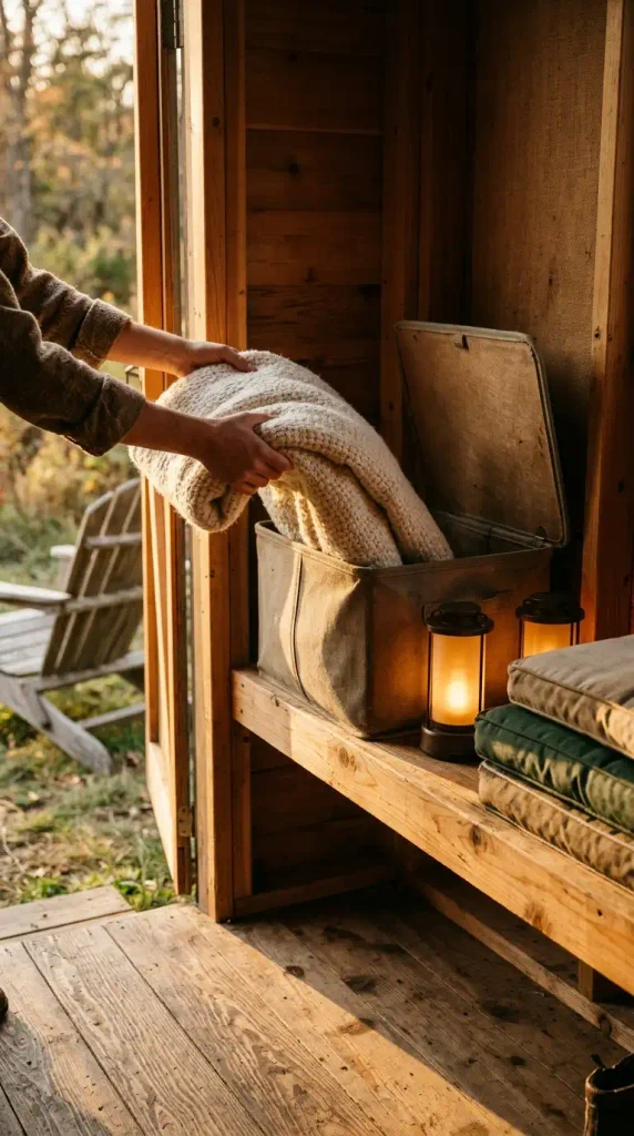 Hands lifting a wool throw from a bin inside a shed door beside glowing flameless lanterns