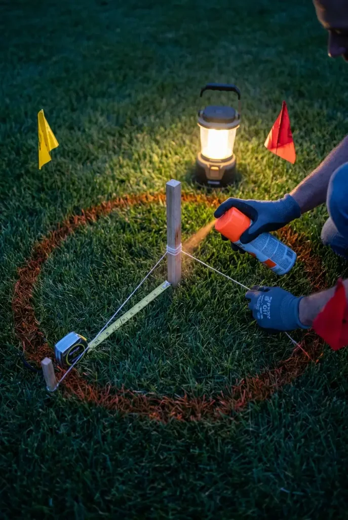 Hands marking a fire pit circle on the lawn with string and spray paint beside utility marker flags