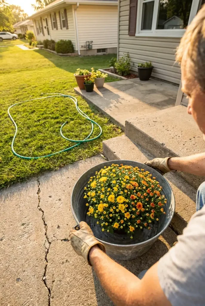 Hands placing a galvanized tub of mums by back steps to start rustic fall backyard decor in a small yard