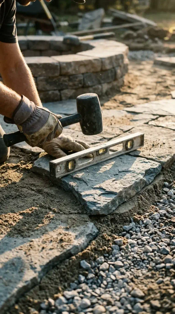 Hands setting flagstone with a rubber mallet and level while building a flagstone fire pit patio