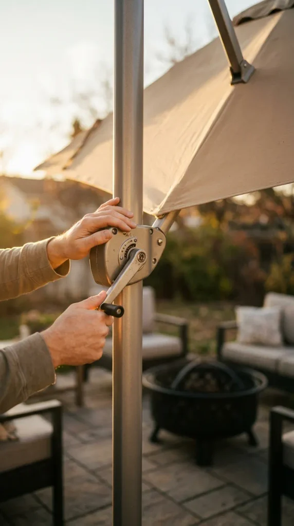 Hands swinging a cantilever umbrella away from the fire pit area, a simple fire pit shade routine