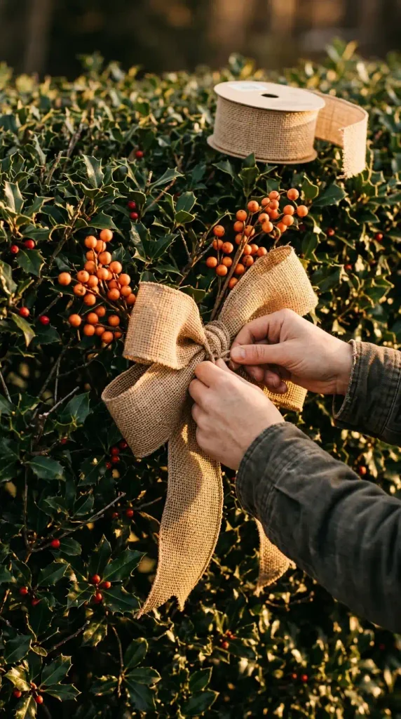 Hands tying a wired burlap bow with faux berry picks onto a holly hedge for budget outdoor fall yard decor