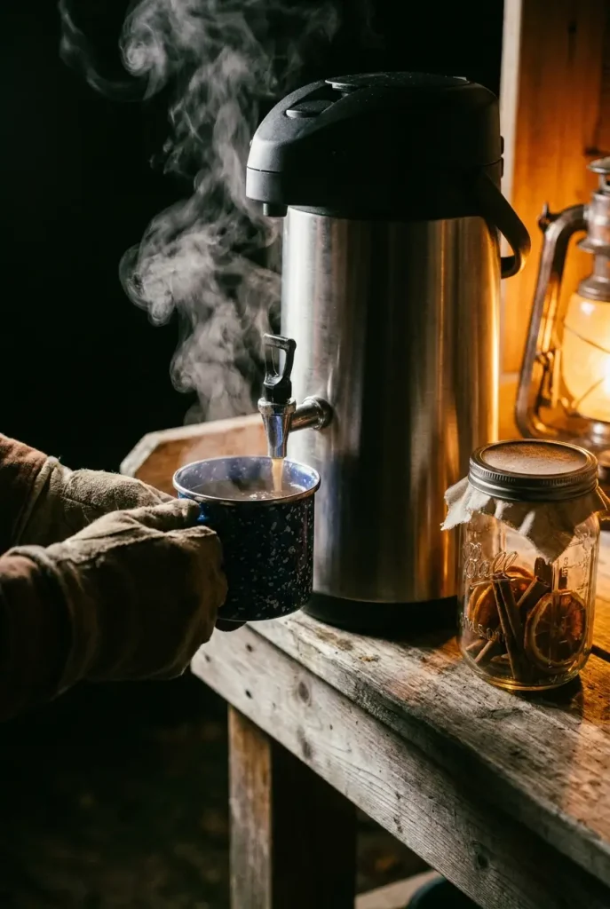 Hot cider station for a backyard bar with an insulated dispenser, enamel mug, and cinnamon sticks