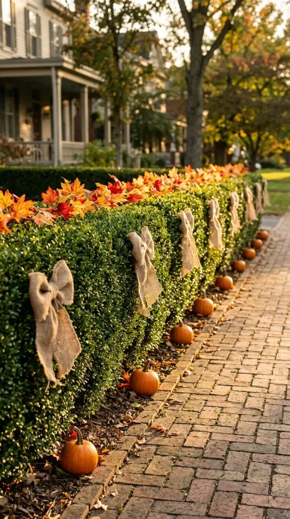 How to decorate a hedge for fall: boxwood with a leaf garland runner, burlap bows, and pumpkins along a brick walk