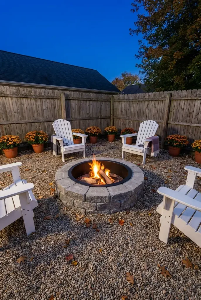 In-ground fire pit ideas: blocks set flush with a gravel patio, fire glowing at blue hour with Adirondack chairs