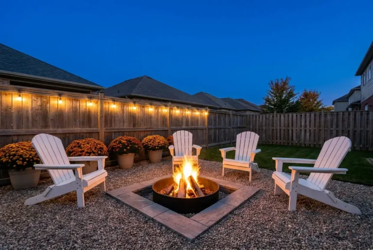 In-ground fire pit ideas: sunken fire glowing in a gravel patio with Adirondack chairs on a fall evening