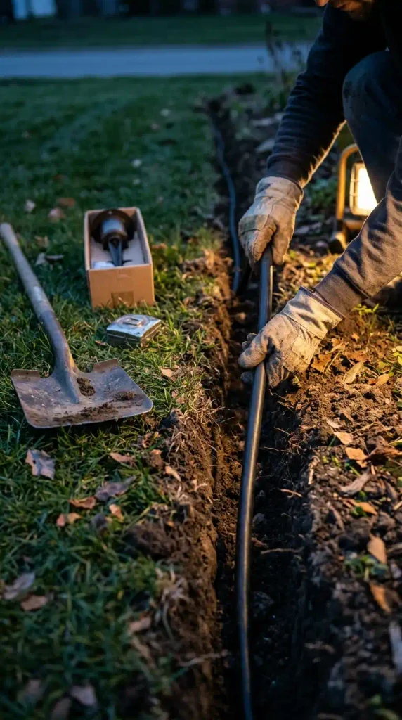 Installing low voltage landscape lighting cable in a shallow trench along a lawn edge in fall