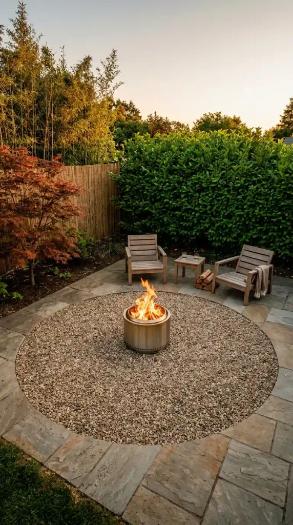 Japanese cozy backyard fire bowl on a pea gravel pad with teak chairs set back