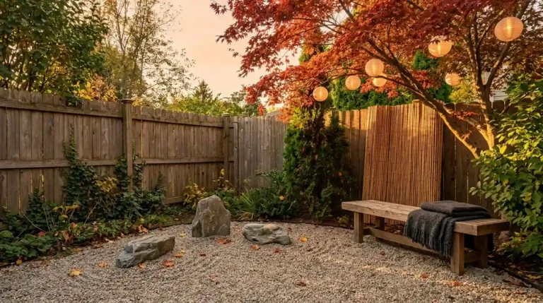 Japanese cozy backyard ideas: cedar bench, bamboo screen, red maple, and raked gravel at golden hour