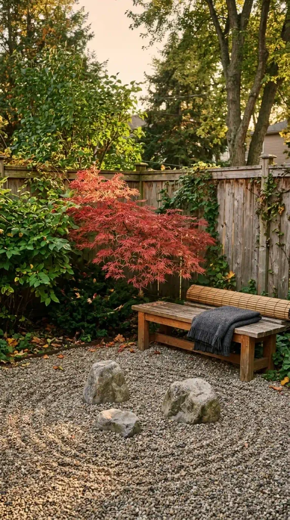 Japanese cozy backyard ideas: cedar bench, bamboo screen, red maple, and raked gravel at golden hour