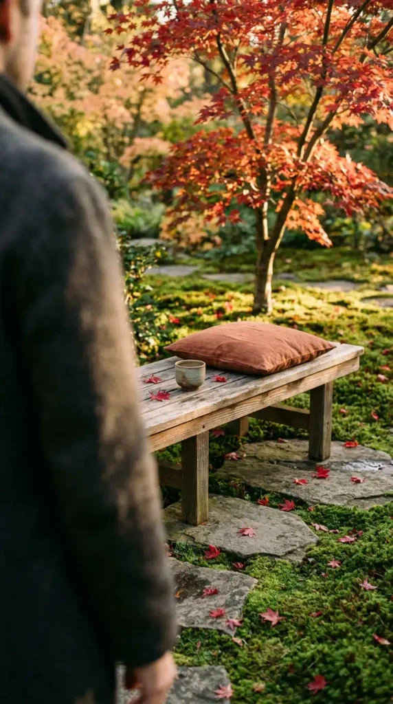 Japanese cozy backyard seat: low cedar bench facing a red Japanese maple on stepping stones