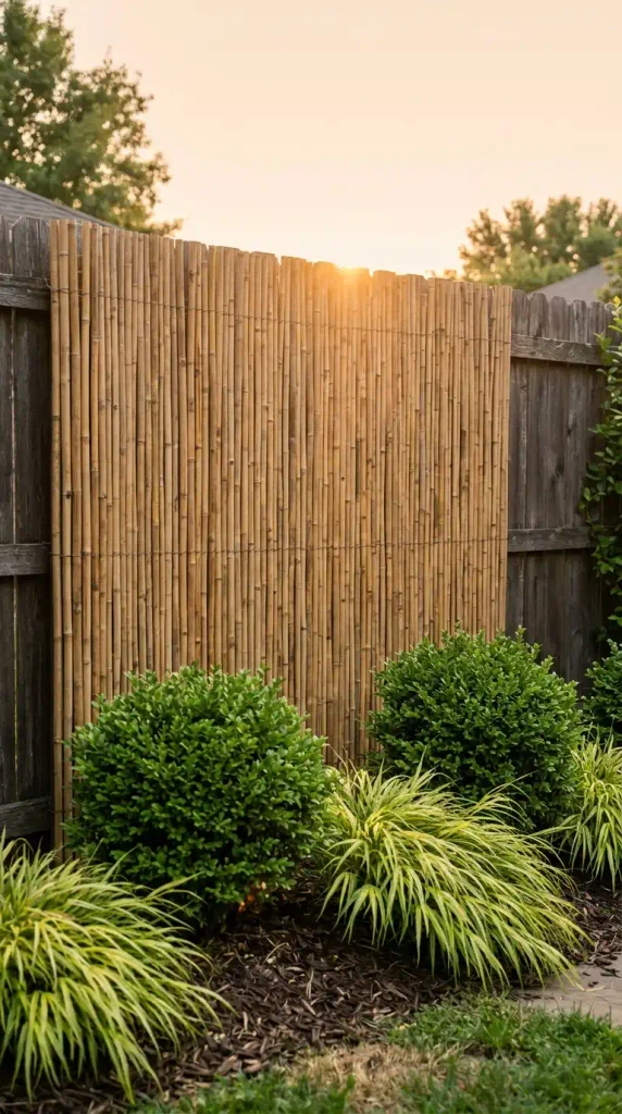 Japanese style backyard bamboo screen wired to a wood fence with Japanese holly in front