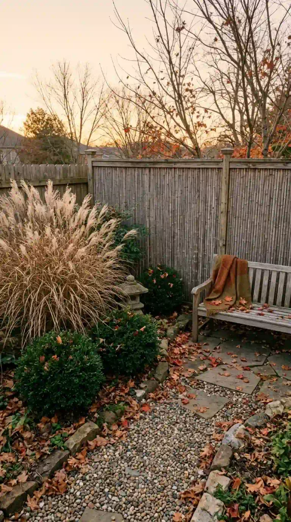 Japanese style backyard corner in late fall with grass seedheads, holly, and a cedar bench