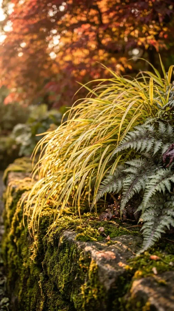 Japanese style backyard plants: golden forest grass and painted fern under a red maple