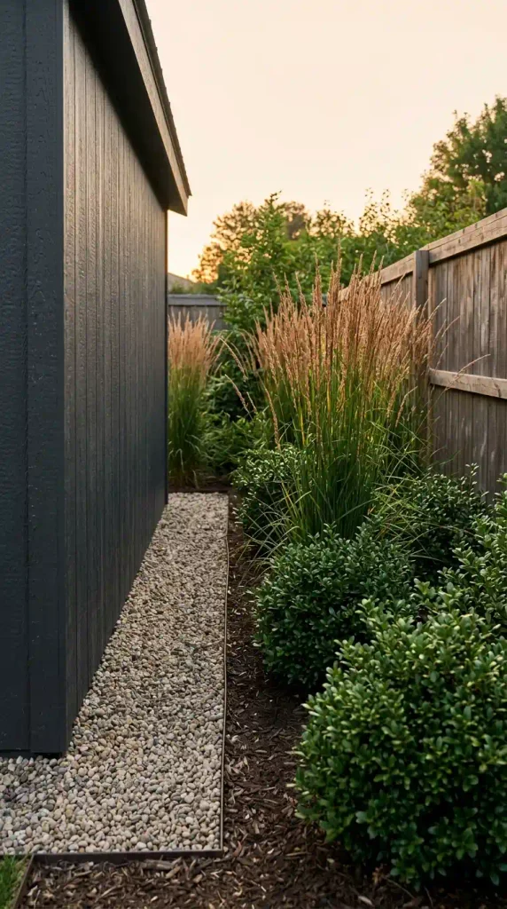 Landscaping around a shed: gravel strip, inkberry holly, and feather reed grass at golden hour. Cozy Backyard with a Shed Ideas