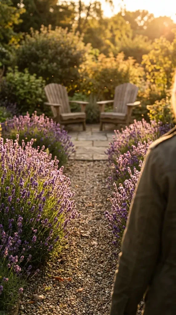 Lavender lined gravel path leading to a small patio in a backyard flower garden at golden hour
