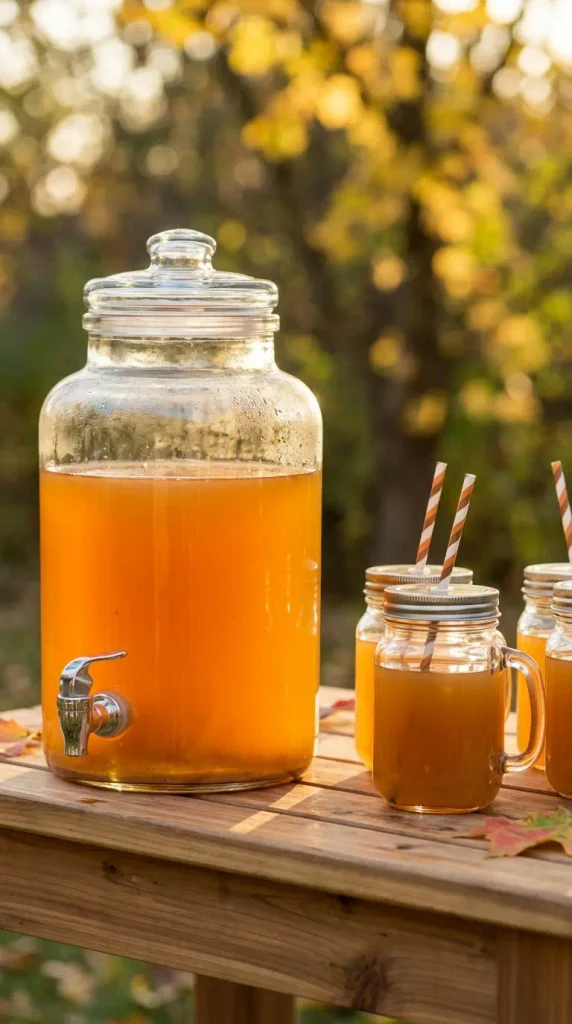 Lidded cider dispenser at a fall backyard party drink table with mason jar cups