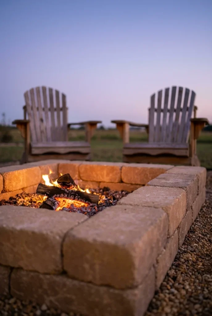 Low view across a sunken fire pit rim showing the fire burning below ground level at dusk