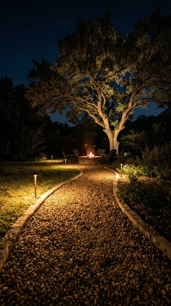 Luxury fire pit area at night with warm path lights and an uplit oak tree along a gravel walk