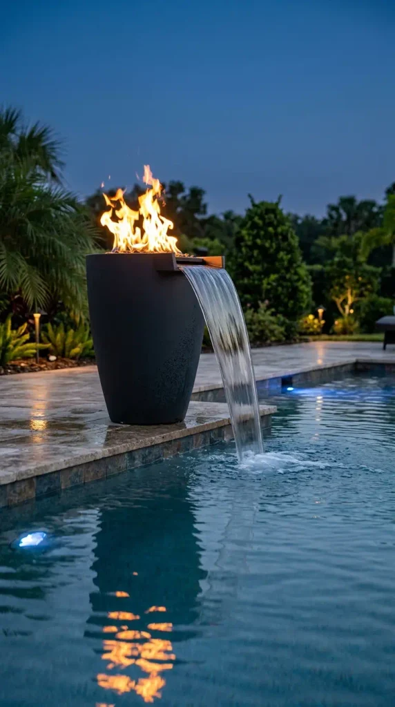 Luxury fire pit idea by a pool: fire bowl with a water scupper pouring into the pool at blue hour