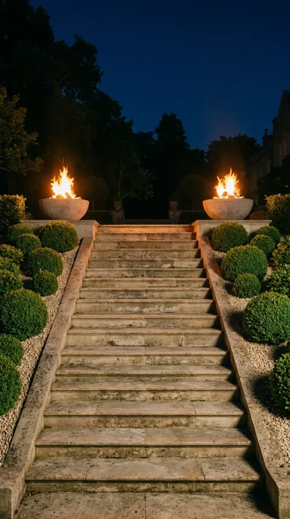 Luxury fire pit ideas at night: twin concrete fire bowls framing limestone garden steps