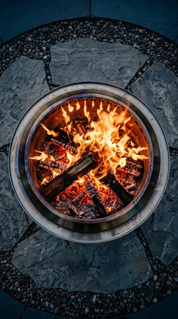 Luxury fire pit ideas for cold nights: smokeless stainless fire pit seen from above