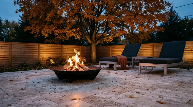 Luxury fire pit ideas for fall: black steel fire bowl on travertine at dusk with lounge chairs