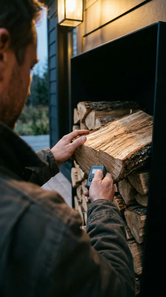 Luxury fire pit ideas: hands testing split oak with a moisture meter beside a steel firewood niche