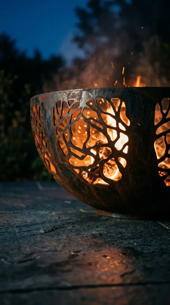 Luxury fire pit ideas: sculptural steel fire bowl with glowing cutouts on bluestone at dusk
