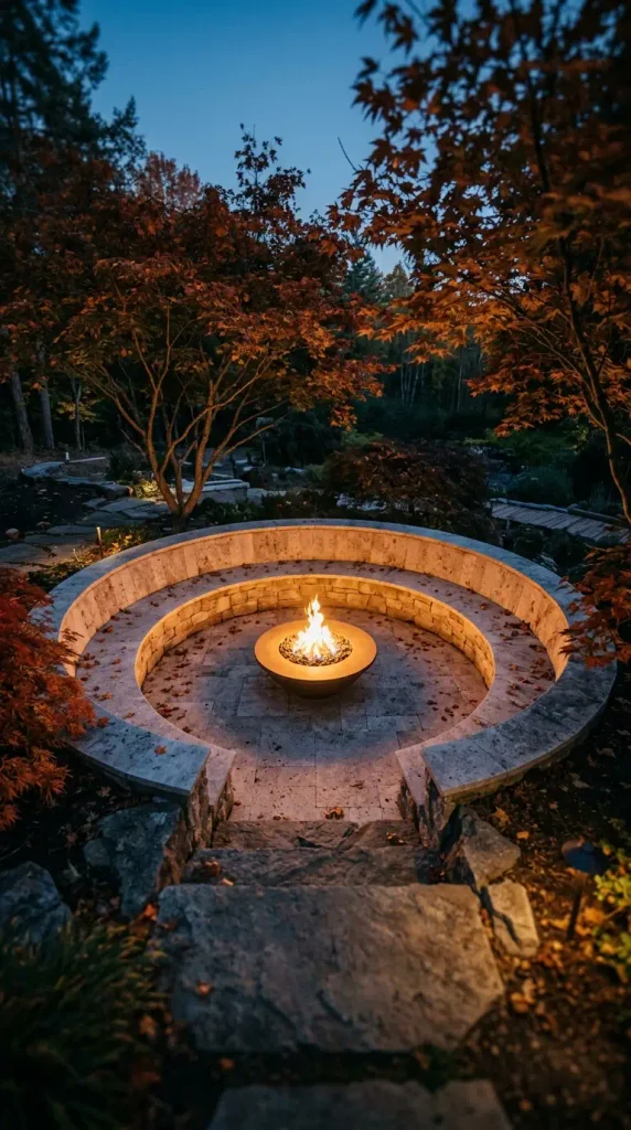 Luxury fire pit seating in a sunken travertine circle with a gas fire bowl at blue hour