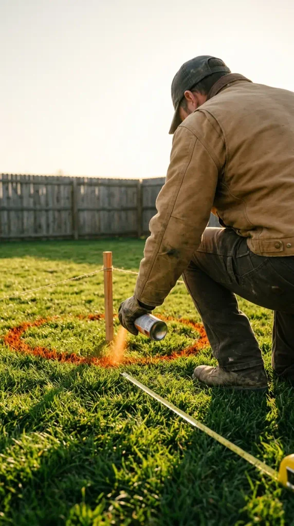 Marking a flagstone fire pit area on the lawn with paint, a stake, and a tape measure