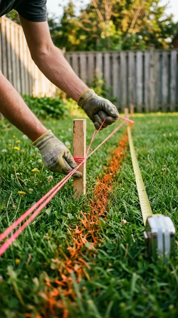 Measuring a 12 by 12 gravel seating area with stakes, string, and a tape measure
