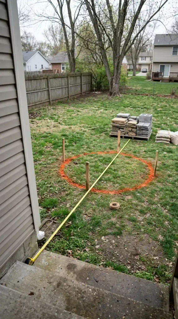 Measuring fire pit clearance from the house with a tape measure before building a paver fire pit