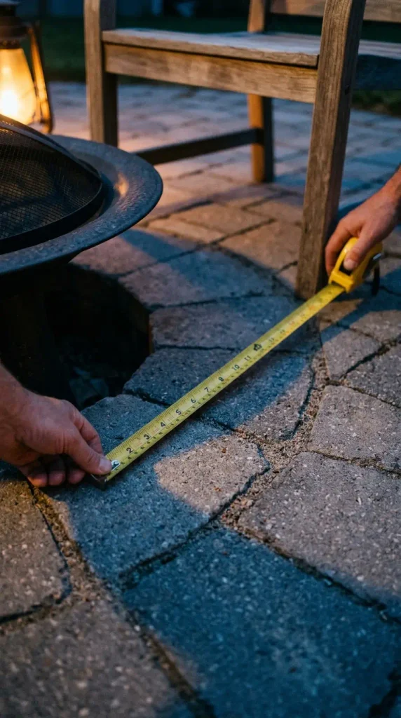 Measuring fire pit dining clearance with a tape measure between a steel fire pit and a dining chair