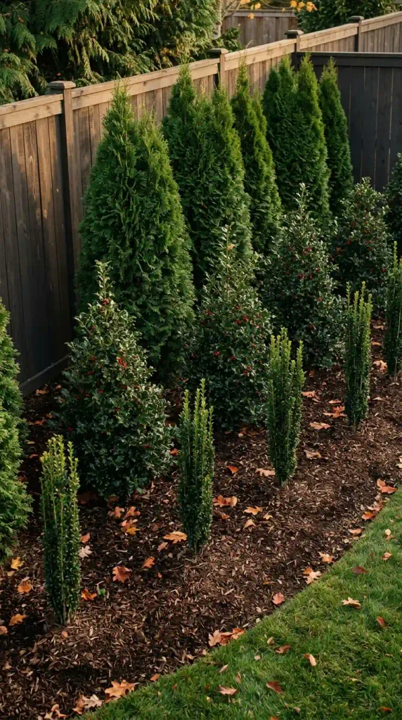 Mixed evergreen privacy screen of arborvitae, holly, and Sky Pencil holly planted in a zigzag along a fence
