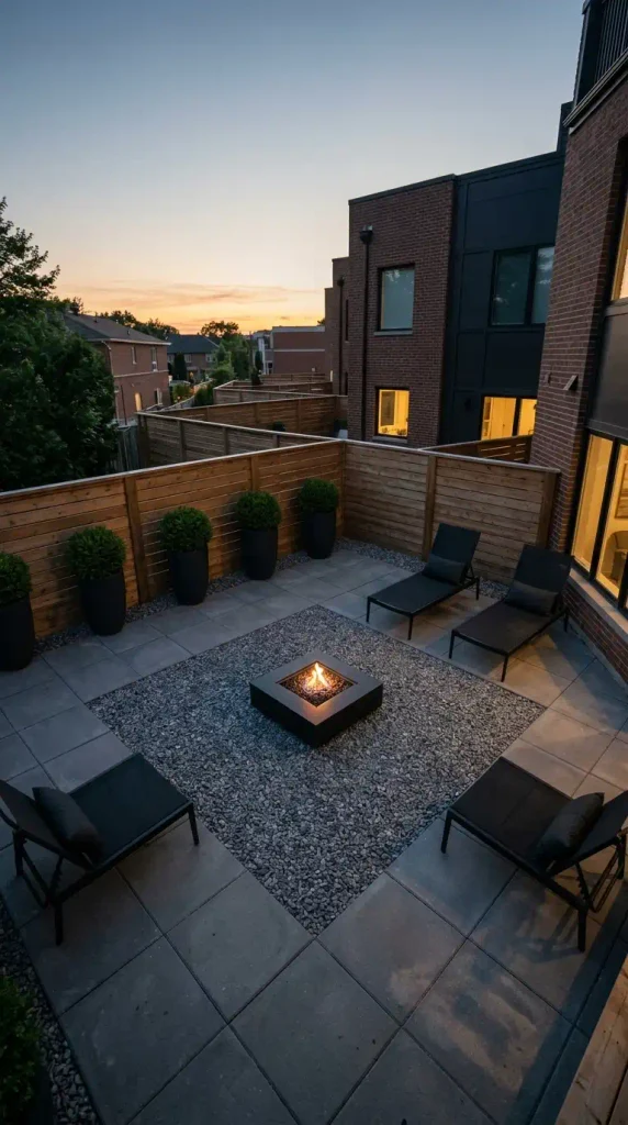 Modern gravel fire pit idea: square crushed stone pad with a steel fire pit at dusk