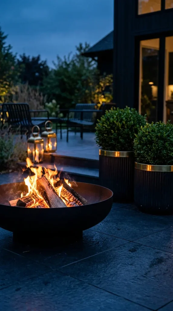 Modern luxury fire pit with brass lanterns and fluted boxwood planters in a Neodeco style