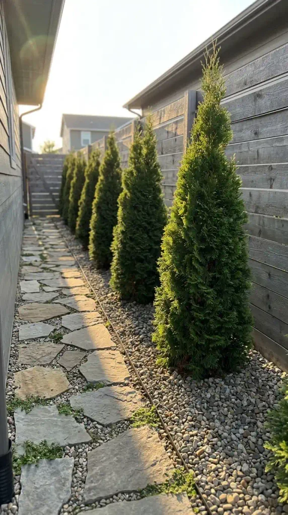Narrow row of Emerald Green arborvitae in a gravel side yard, a small-yard alternative to fast growing hedges