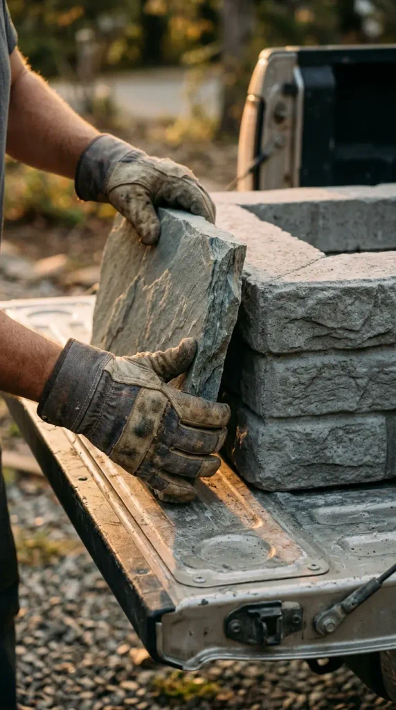 Natural flagstone next to flagstone-look concrete block, compared before a flagstone fire pit build