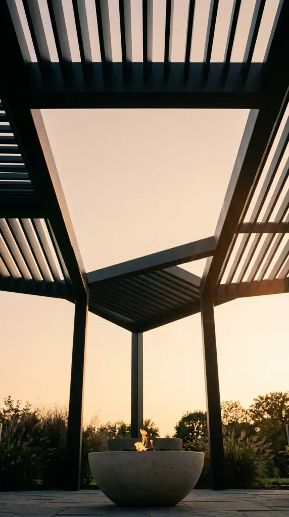 Open center steel pergola over a fire pit, slatted bays framing the sky above a glowing gas fire bowl