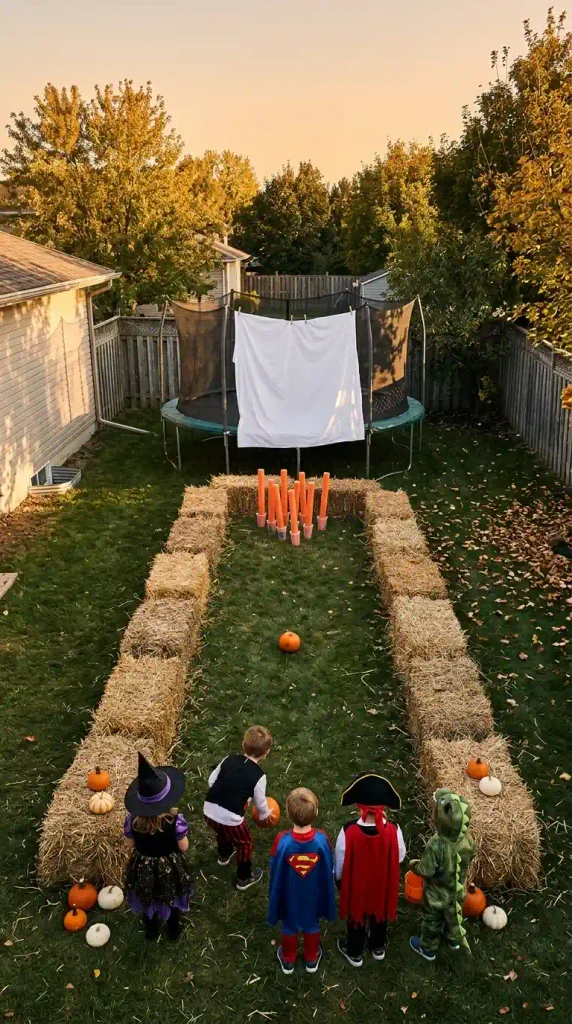Outdoor Halloween games for kids with a pumpkin bowling lane and a trampoline dressed as a ghost