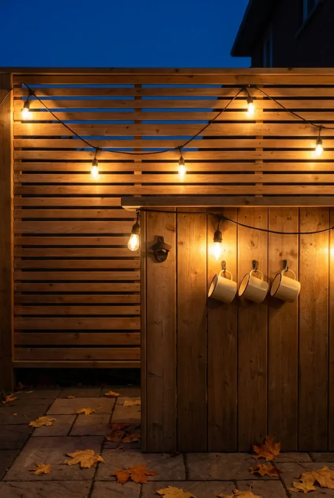Outdoor bar wall idea with a slatted cedar privacy screen, mug hooks, and string lights at night