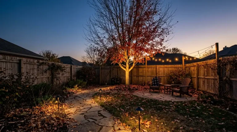 Outdoor lighting landscaping ideas for fall: uplit red maple, path lights, and string lights at blue hour