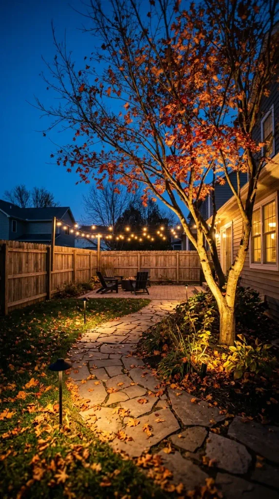 Outdoor lighting landscaping ideas for fall: uplit red maple, path lights, and string lights at blue hour