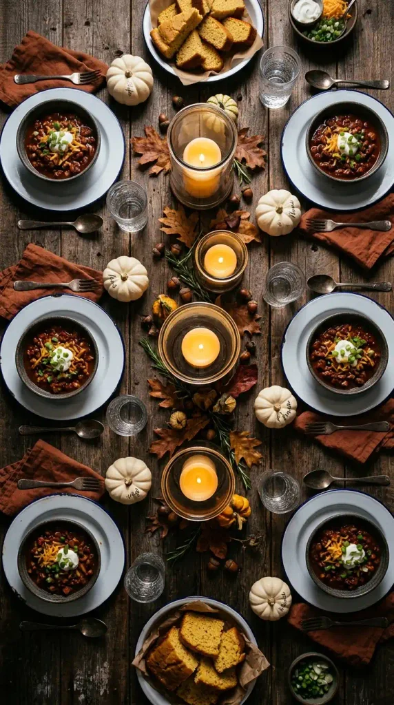 Overhead fall table for fire pit dining with enamel plates, mini pumpkins, and glass hurricane lanterns