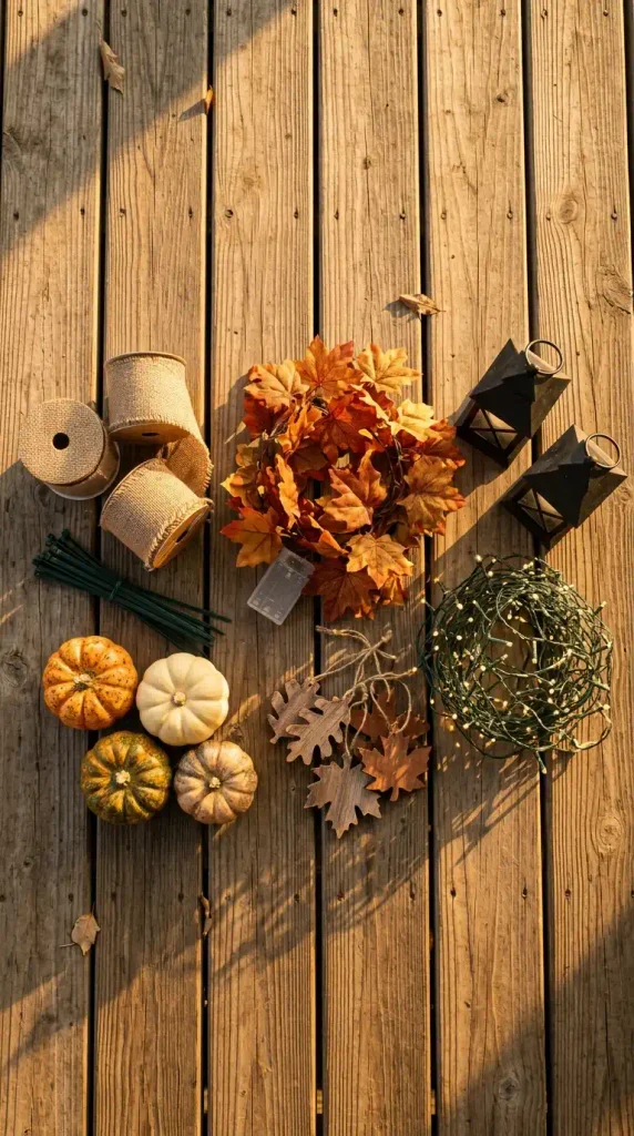 Overhead flat lay of fall decor around a tree outside, sorted into three budget tiers on cedar porch boards
