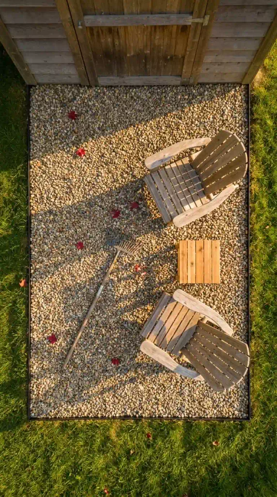 Overhead view of a 4x6 pea gravel landing with steel edging, a budget backyard shed with patio