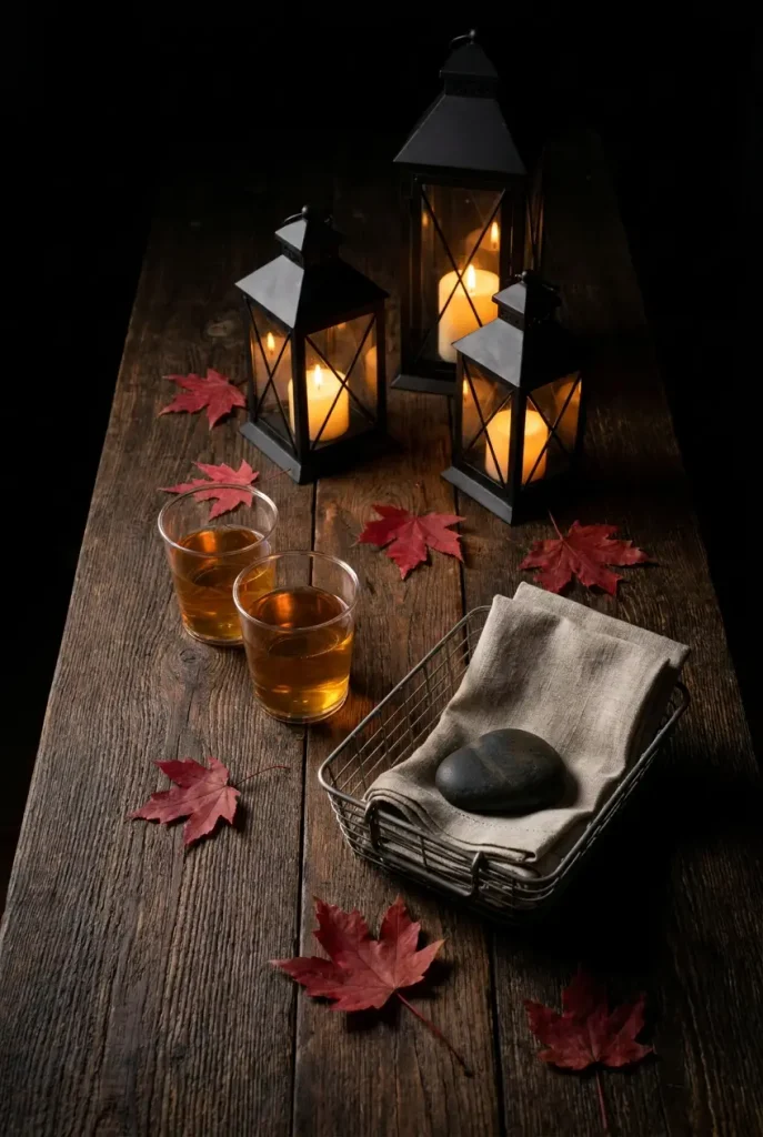 Overhead view of a backyard bar top with three glowing lanterns, cider tumblers, and maple leaves at night