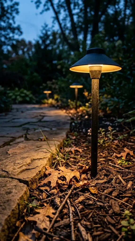 Path lighting ideas for fall: low voltage path light glowing on a leafy flagstone walk