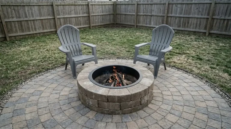 Paver fire pit ideas: round gray block fire pit with steel ring on a circular paver patio in a small backyard